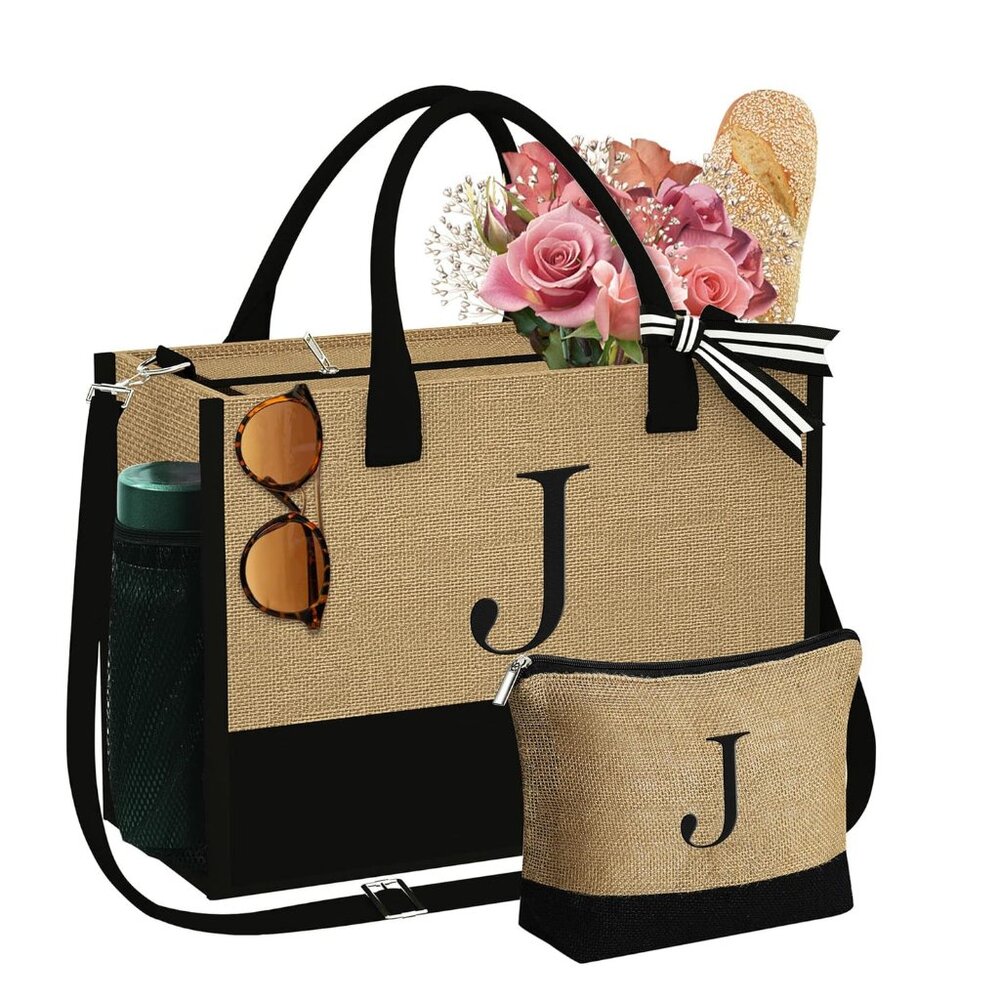 Jute Tote Bag with Matching Makeup Bag Tan Black Monogram J